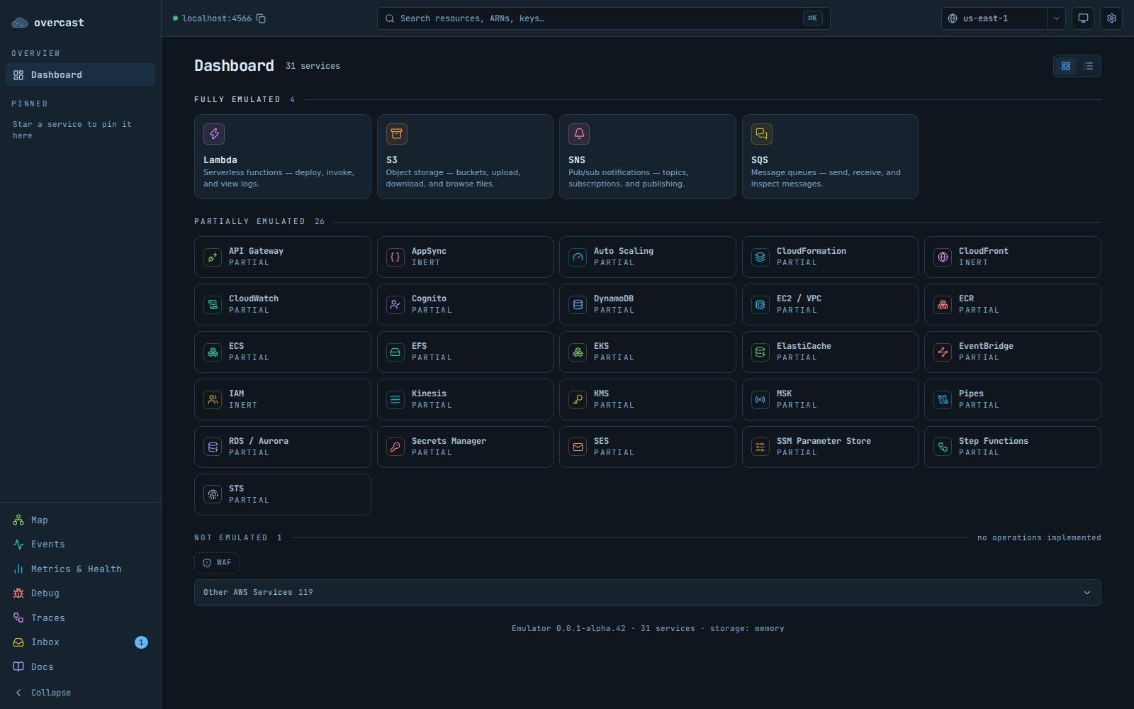 The Overcast console dashboard: emulated AWS services as cards, split into fully emulated, partially emulated, and not emulated.