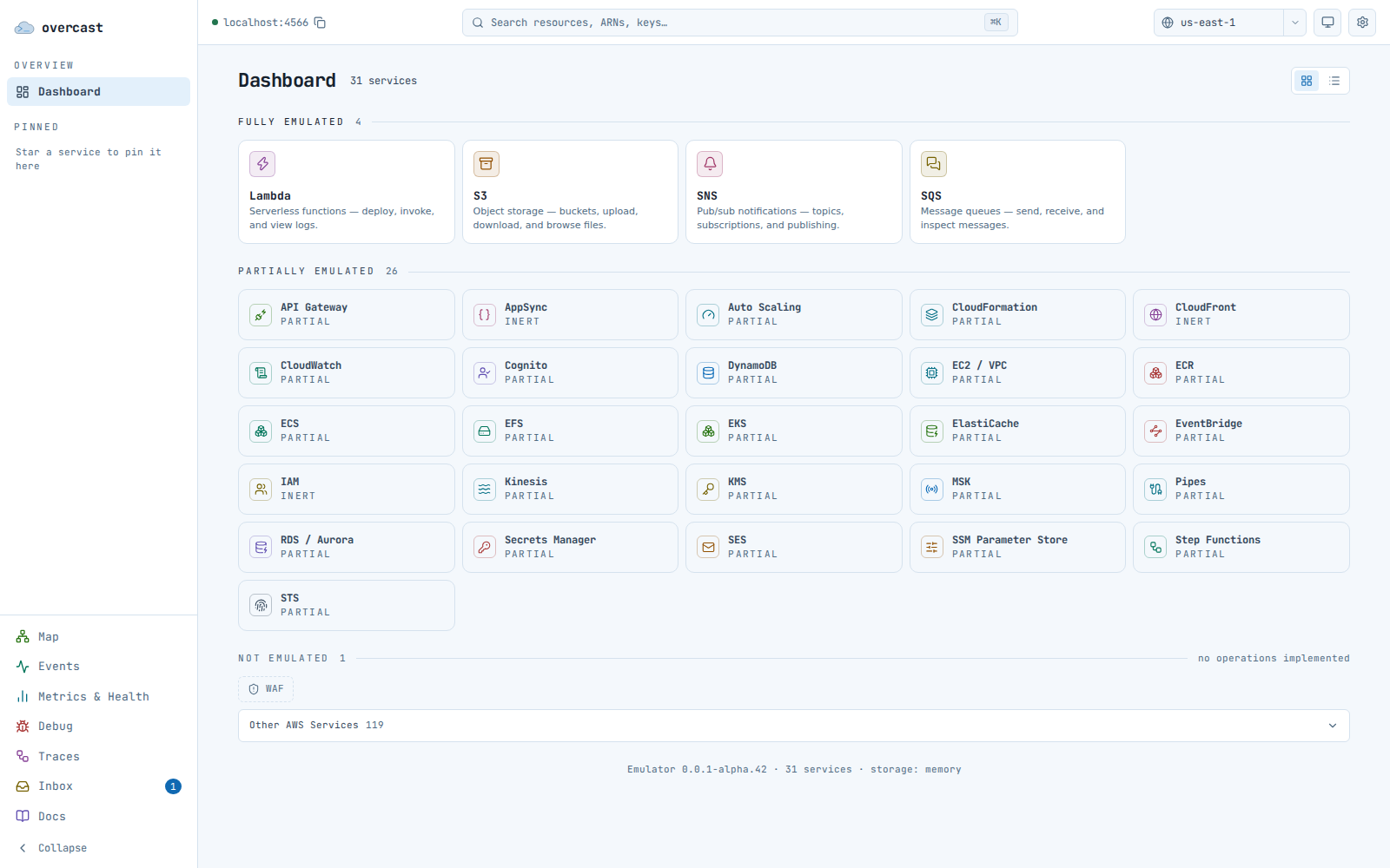 The Overcast console dashboard: emulated AWS services as cards, split into fully emulated, partially emulated, and not emulated.