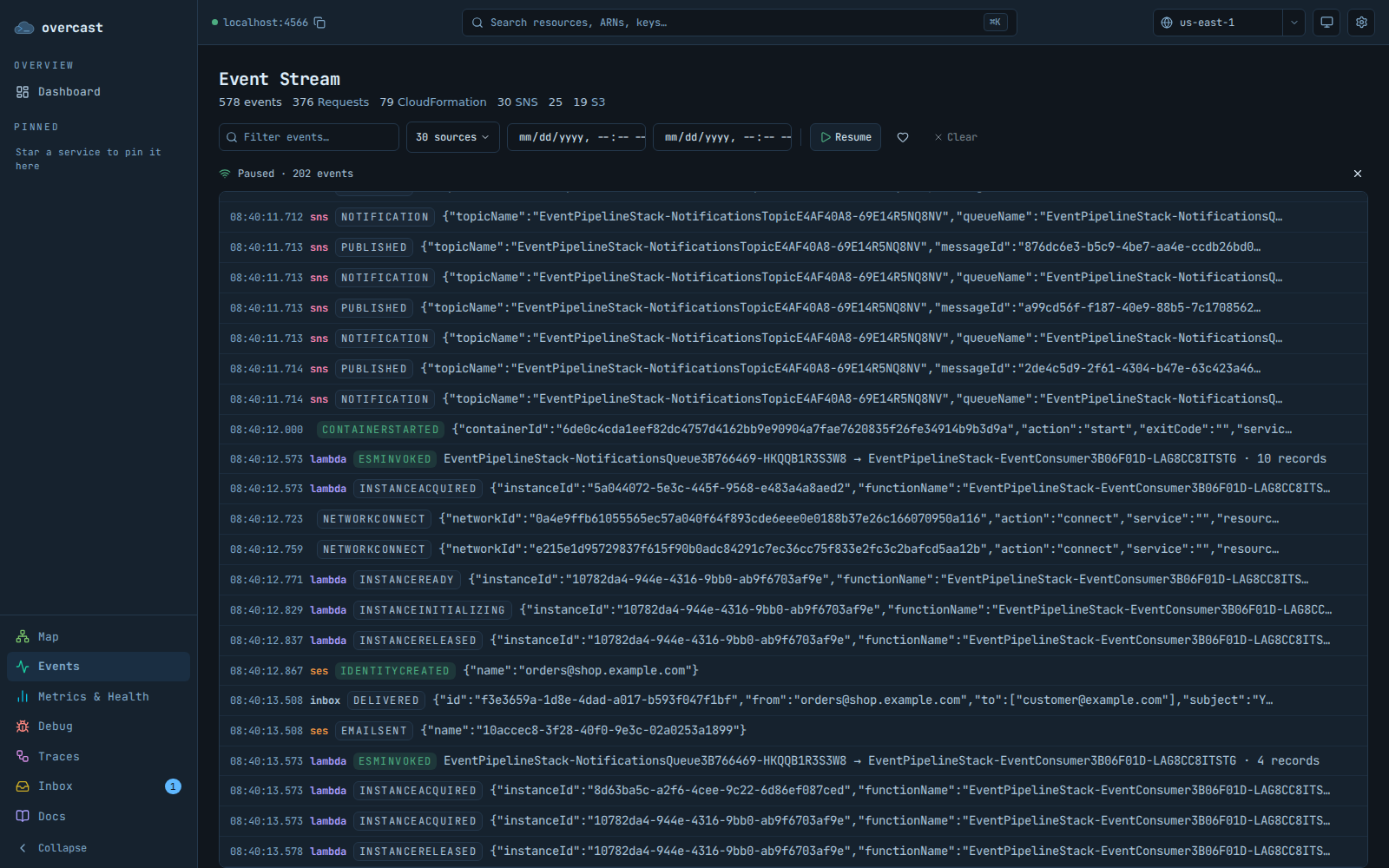The Overcast console event stream: a dense monospace feed of emulator events with colour-coded type badges and a filter bar.