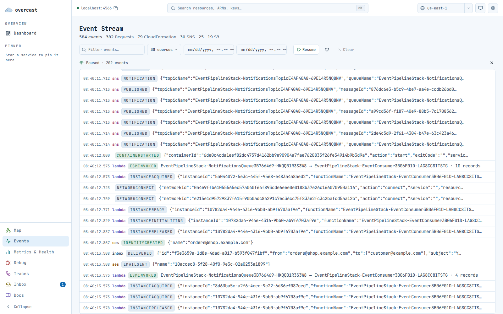 The Overcast console event stream: a dense monospace feed of emulator events with colour-coded type badges and a filter bar.