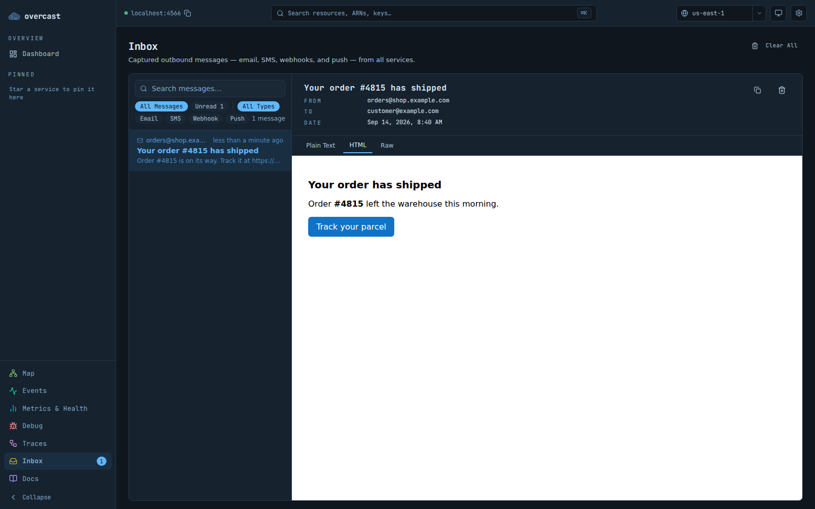 The Overcast console inbox: a list of captured messages on the left, one message open on the right with its HTML body rendered.