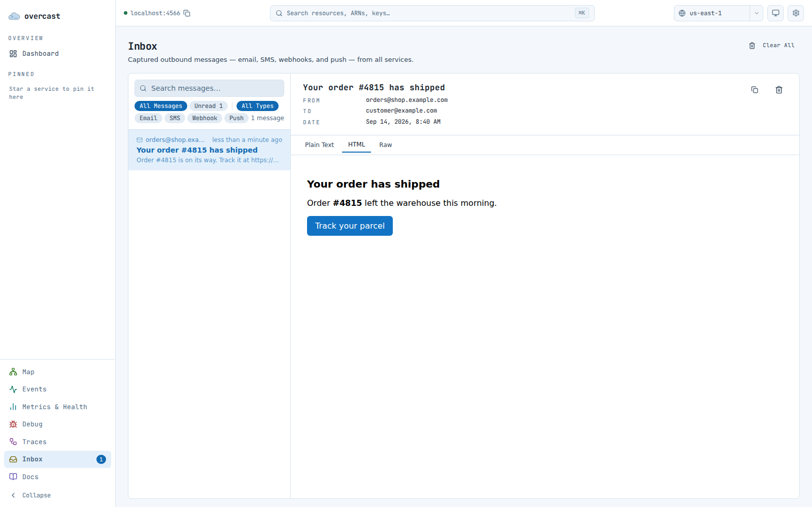 The Overcast console inbox: a list of captured messages on the left, one message open on the right with its HTML body rendered.