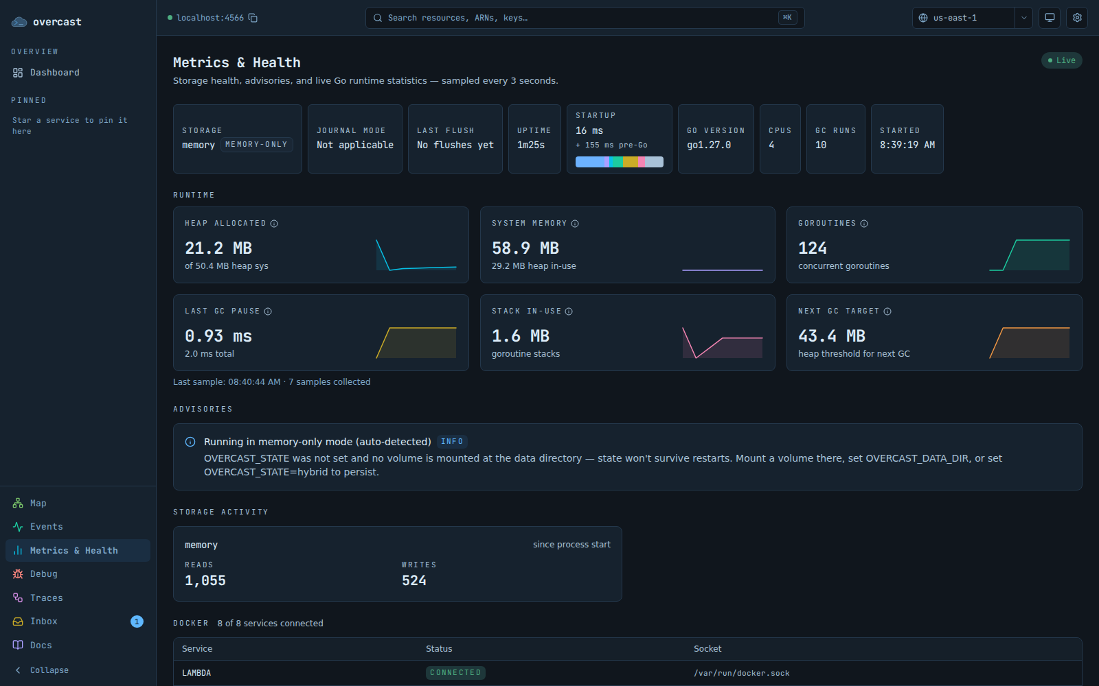 The Overcast console metrics page: health pills for storage and uptime above a grid of runtime sparkline cards.