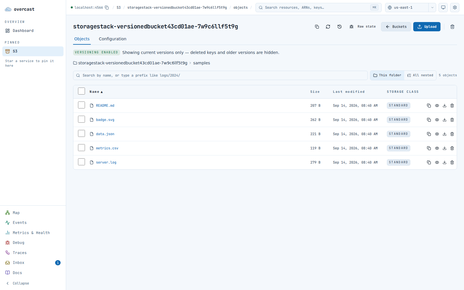 The Overcast console S3 object browser: a table of objects in a bucket with size, storage class, and last-modified columns.